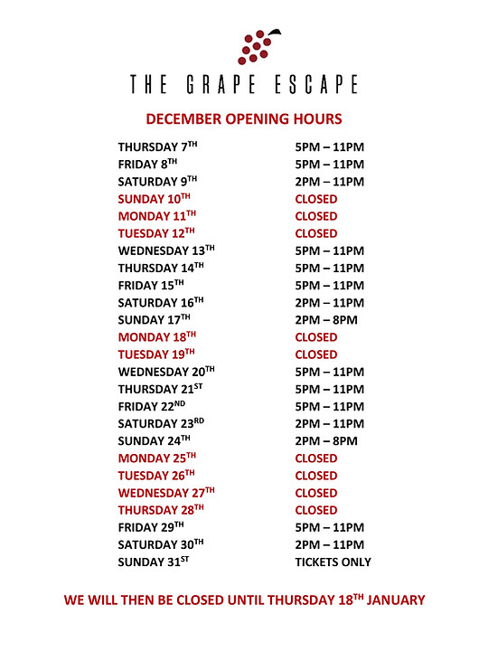 OPENING HOURS THE GRAPE ESCAPE WINE BAR CHELTENHAM